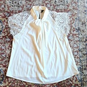 Ivory silky top lace cap sleeves twist neckline Shein XS